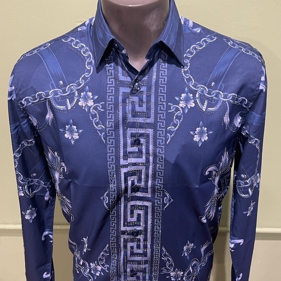 Deniko shirt button front blue rhinestones floral - Picture 4 of 4